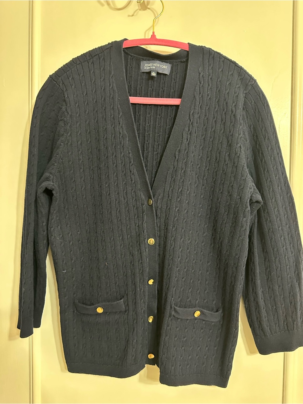 Jones New York Rich Navy Blue Cable Knit V-Neck Cardigan with Gold Buttons